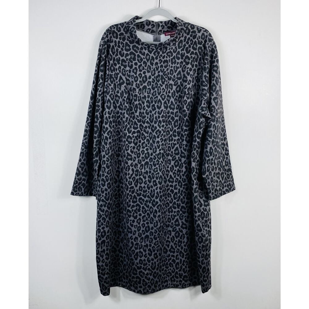 Jessica London Size 28 Animal Print Long Sleeve Mock Neck Dress Gray Black